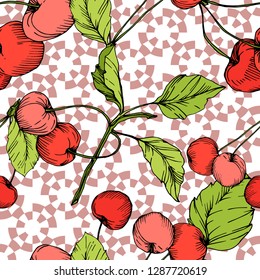 Vector Cherry fruits on white background. Green leaf. Leaf plant botanical garden floral foliage. Red and green engraved ink art. Seamless background pattern. Fabric wallpaper print texture.