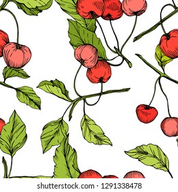 Vector Cherry fruits on white background. Green leaf. Leaf plant botanical garden floral foliage. Red and green engraved ink art. Seamless background pattern. Fabric wallpaper print texture.