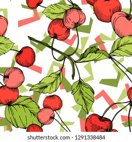 Vector Cherry fruits on white background. Green leaf. Leaf plant botanical garden floral foliage. Red and green engraved ink art. Seamless background pattern. Fabric wallpaper print texture.