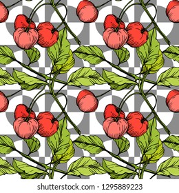 Vector Cherry fruits on white background. Green leaf. Leaf plant botanical garden floral foliage. Red and green engraved ink art. Seamless background pattern. Fabric wallpaper print texture.