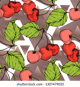 Vector Cherry fruits on white background. Green leaf. Leaf plant botanical garden floral foliage. Red and green engraved ink art. Seamless background pattern. Fabric wallpaper print texture.