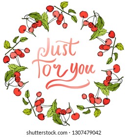 Vector Cherry fruits on white background. Green leaf. Leaf plant botanical garden floral foliage. Red and green engraved ink art. Frame border ornament square.