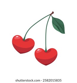 Vector cherry in heart shape. Valentines day symbol. Sweet and romantic element design for love and affection, romantic theme. Loving festive or relationship holiday. Lover and passion clipart.