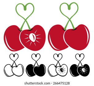 Vector cherry. Heart shaped vector cherries in color and black and white