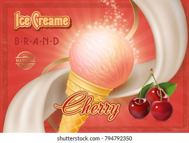 Vector cherry ice cream in a cone. Advertising poster