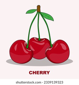 Vector cherry illustration isolated on a soft red color background. Summer fruits for healthy lifestyle. Cartoon style fruit. Vector illustration for any design.