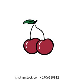 Vector Cherry Isolated On White Background. Vector, Flat Design. Hand Drawn. Doodle Style.