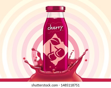 Vector cherry juice, fruit glass bottle with drop splash