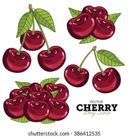 Vector cherry. Juicy ripe cherry bunch wit green leaf and maroon berry heap isolated on white background. Vector sweet fruit cartoon set. Natural fresh nutrient. Garden harvest illustration
