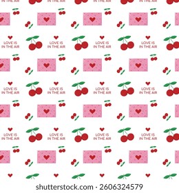 vector cherry love seamless pattern for Valentine's Day, in flat style for love presents, festive, wrapping paper, textile print, postcard, greeting card with red heart	