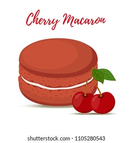 Vector cherry macaron with meringue cream. Sweet french confectionery with berry. Delicious pastry. Made in cartoon flat style