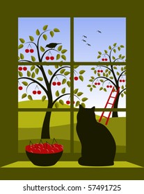 vector cherry orchard outside window