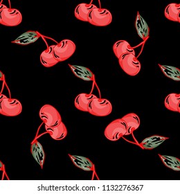 vector cherry pattern on black background with leaves
