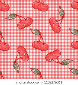vector cherry pattern on white and red check background with leaves