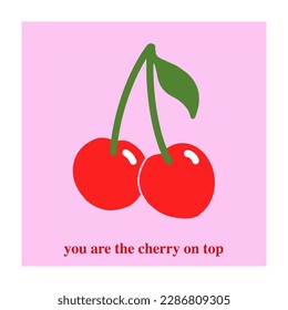 Vector cherry print design. Icon illustration on pink background, with nice typography. Can use for decoration, printed card, art print.