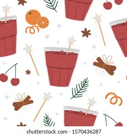 Vector cherry punch seamless pattern. Winter traditional warming drink repeating background. Holiday hot beverage with orange, anise, cinnamon