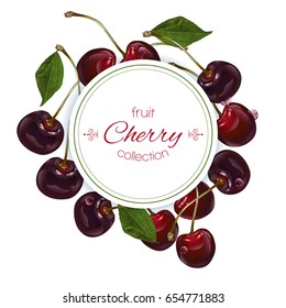 Vector cherry round banner on white background. Design for sweets and pastries filled with cherry, dessert menu, natural cosmetics, health care products. With place for text