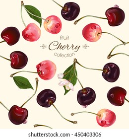 Vector cherry seamless pattern. Background design for juice, tea, natural cosmetics, bakery, sweets and candy with cherry filling, farmers market,health care products. Best for textile,wrapping paper.