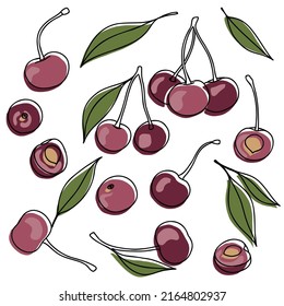 Vector Cherry set: sweet cherries, slice, half, whole, and leaves. Red and green abstract hand-drawn fruit collection with black outline isolated on white background.