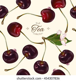 Vector cherry tea seamless pattern. Background design for tea, juice, natural cosmetics, candy with strawberry filling, farmers market, health care products. Best for textile, wrapping paper.