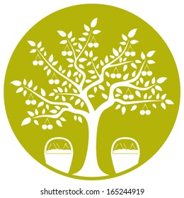 vector cherry tree and baskets of cherries isolated on green round