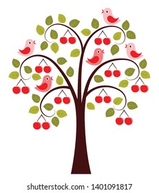 vector cherry tree and birds isolated on white background