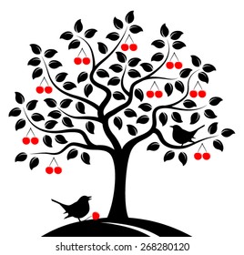 vector cherry tree and birds isolated on white background