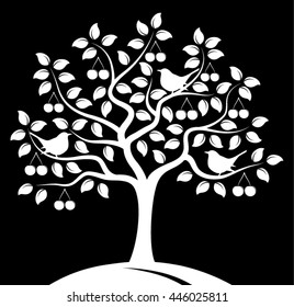 vector cherry tree and birds isolated on black background