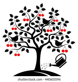 vector cherry tree with birds and watering can isolated on white background