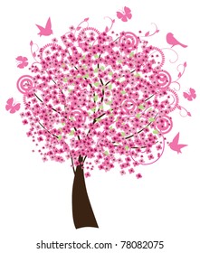 vector cherry tree in blossom with birds