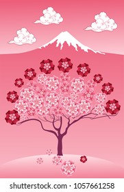 Vector cherry tree in blossom and mount Fuji