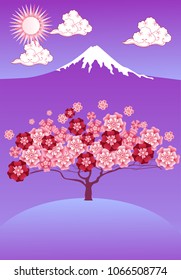 Vector cherry tree in blossom and mount Fuji