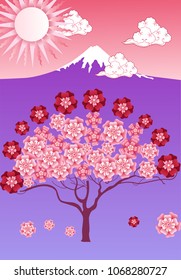 Vector cherry tree in blossom and mount Fuji
