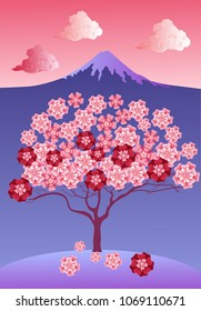 Vector cherry tree in blossom and mount Fuji