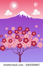 Vector cherry tree in blossom and mount Fuji