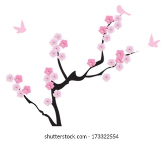 vector cherry tree in blossom with pink flowers and birds