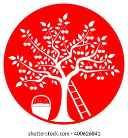 vector cherry tree, ladder and basket of cherries isolated on red round