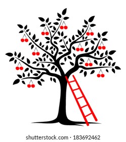 vector cherry tree and ladder isolated on white background