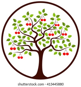 vector cherry tree in round isolated on white background