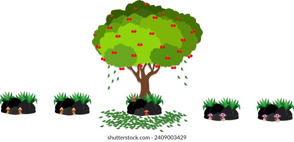 a vector cherry tree with three types of mushrooms on each rock beneath it.