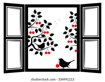 vector cherry trees outside the window and couple of birds