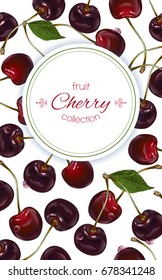 Vector cherry vertical banner on white background. Design for sweets and pastries filled with cherry, dessert menu, natural cosmetics, health care products. With place for text