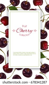 Vector cherry vertical banner on white background. Design for sweets and pastries filled with cherry, dessert menu, natural cosmetics, health care products. With place for text
