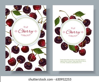 Vector cherry vertical banners on white background. Design for sweets and pastries filled with cherry, dessert menu, natural cosmetics, health care products. With place for text