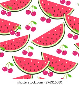 Vector cherry and water melon pattern. Fruit seamless pattern. Food fruit background