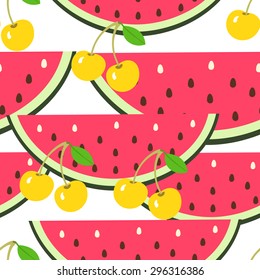 Vector cherry and water melon pattern. Fruit seamless pattern. Food fruit background