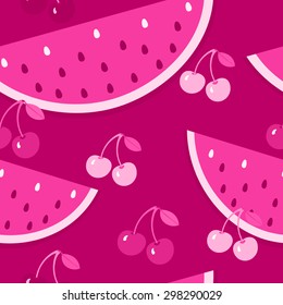 Vector cherry and water melon pattern. Fruit seamless pattern. Food fruit background
