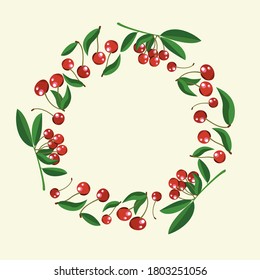 Vektor-Kirschreath auf beigem Hintergrund. Beeren und Blätter.