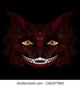 Vector Cheshire Cat Grin. Halloween. All Saints' Day. Isolated Fictional Animal On Black Background