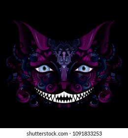 Vector Cheshire Cat Grin. Isolated Fictional Animal On Black Background